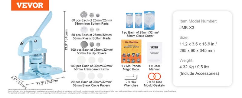 3-IN-1 Button Maker, 1/1.25/2.28 inch(25/32/58mm) Pin Maker, 300pcs Button Parts, Button Maker Machine with Panda Magic Book, Ergonomic Arc Handle Pun_voghion.com