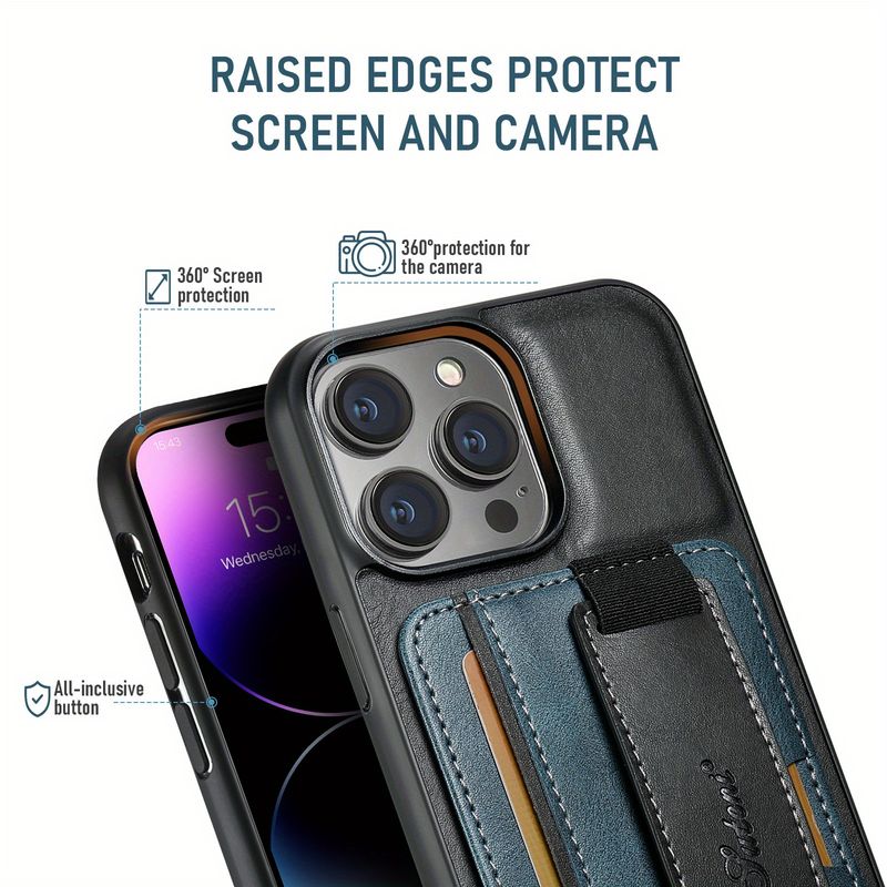 Phone Case with Back Card Holder, Wrist Strap Stand and Metal Ring Buckle, For 12, 13, 14, 15, 13 Pro Max, 14 Pro Max, 15 Pro Max_voghion.com