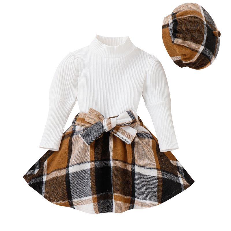 Kinderbekleidung Mode Mädchen Anzug Strickoberteil Plaid Rock Baskenmütze dreiteiliges Set_voghion.com
