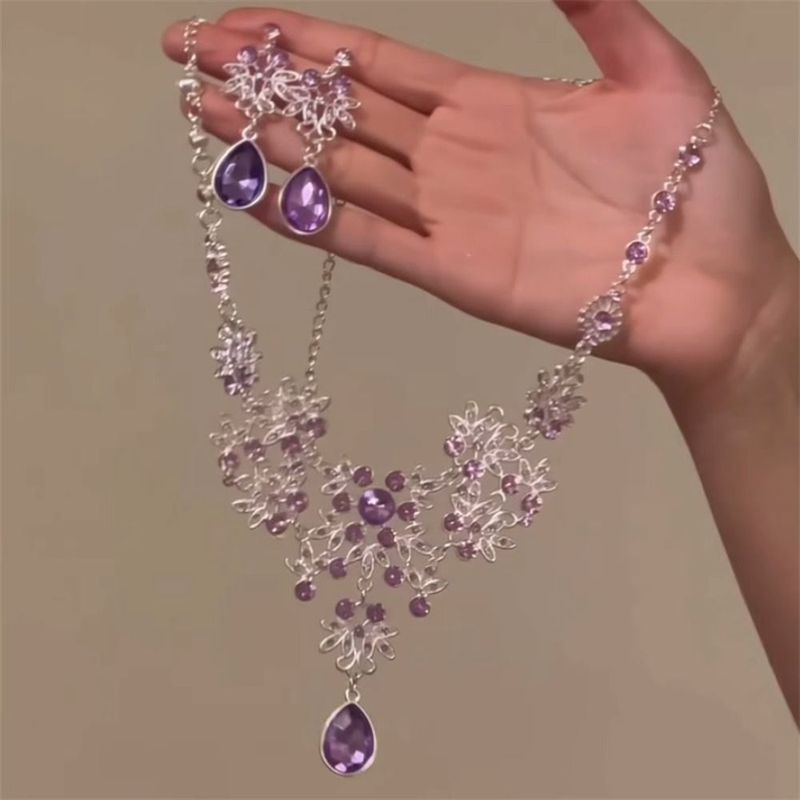 【 Collected By 1048 People 】 Purple Zircon Flower Necklace Earring Set For Women's Niche Design, High-end_voghion.com