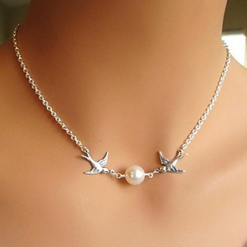 Halsketten frauen mode doppel vogel imitation perlenkette hohe kraft schlüsselbein halskette_voghion.com