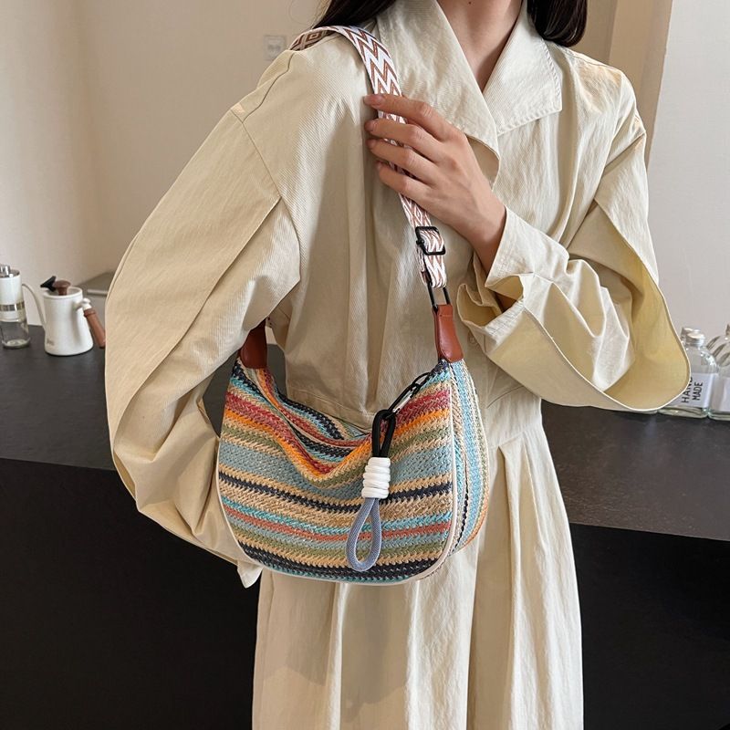 Borsa a tracolla intrecciata arcobaleno per donna, nuova borsa estiva con tracolla larga, alla moda e casual, da pendolare_voghion.com