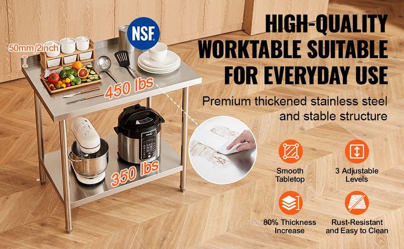 VEVOR 24 X 36 X 36 Inch Stainless Steel Work Table, Commercial Food Prep Worktable Heavy Duty Prep Worktable, Metal Work Table With Adjustable Height For Restaurant, Home And Hotel_voghion.com