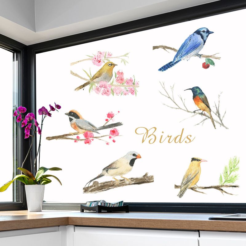 Pegatinas de pared autoadhesivas para decoración de ventanas, de PVC, N1794, con ramas de árboles y 6 pájaros en estilo nórdico_voghion.com