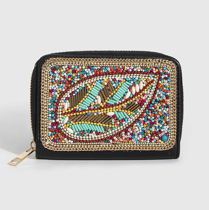 Geldbörse, Brieftasche, Clutch, böhmischer Stil, Reisperlen, Schmetterlingsblumen, exquisite Pu-Reißverschluss-Kartentasche, kleine Geldbörse, Geldbörse für Damen_voghion.com