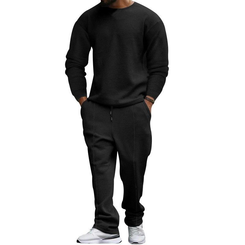 Conjunto de lounge em malha waffle para homens – camiseta e calça de manga comprida para homens (cáqui/preto/azul-marinho, P-XXXG)_voghion.com