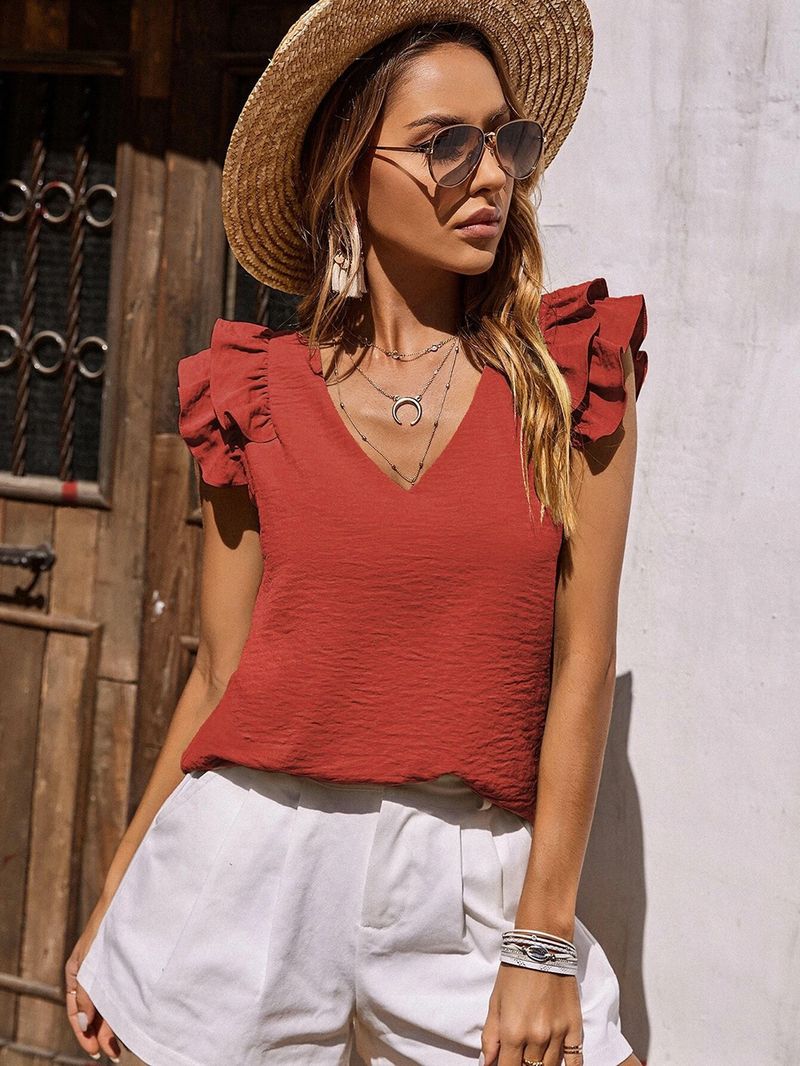 Camicia senza maniche estiva da donna con scollo a V casual e volant_voghion.com