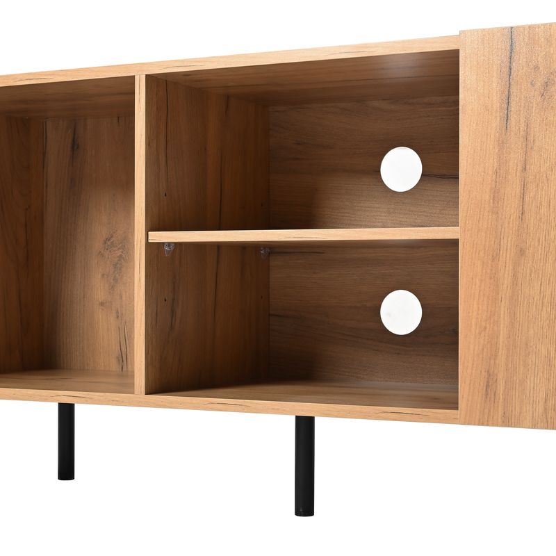 Meuble TV noir et bois 160 cm – Style moderne avec trois portes et deux étagères ouvertes_voghion.com