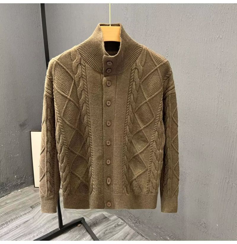 Herrenbekleidung: Gestrickte Jacke mit Knöpfen, Zopfmuster, Cardigan-Pullover – Hochwertiger, leichter Mantel mit offener Vorderseite für Business-Casual- und Winterkleidung_voghion.com