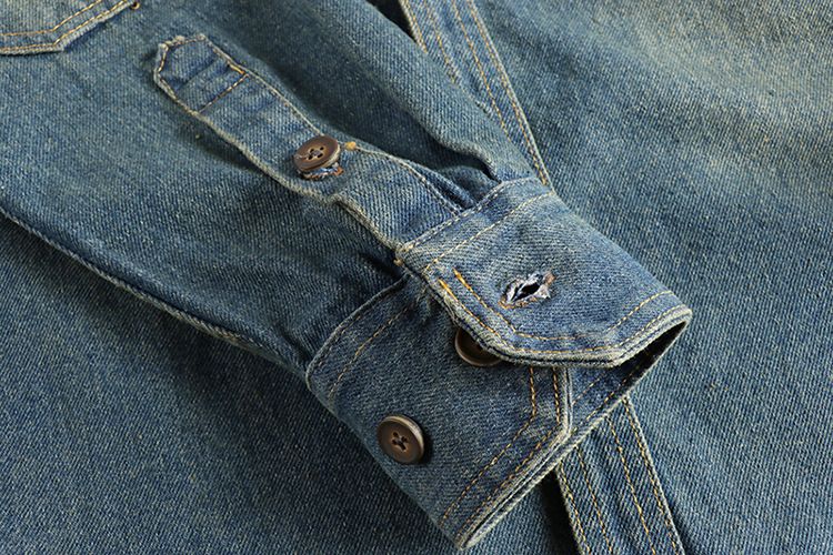 Herrenbekleidung Ärmelpatch-Nähte Stark verwaschenes, abgenutztes Retro-Jeanshemd Lockeres, steifes, trendiges Jugendhemd_voghion.com