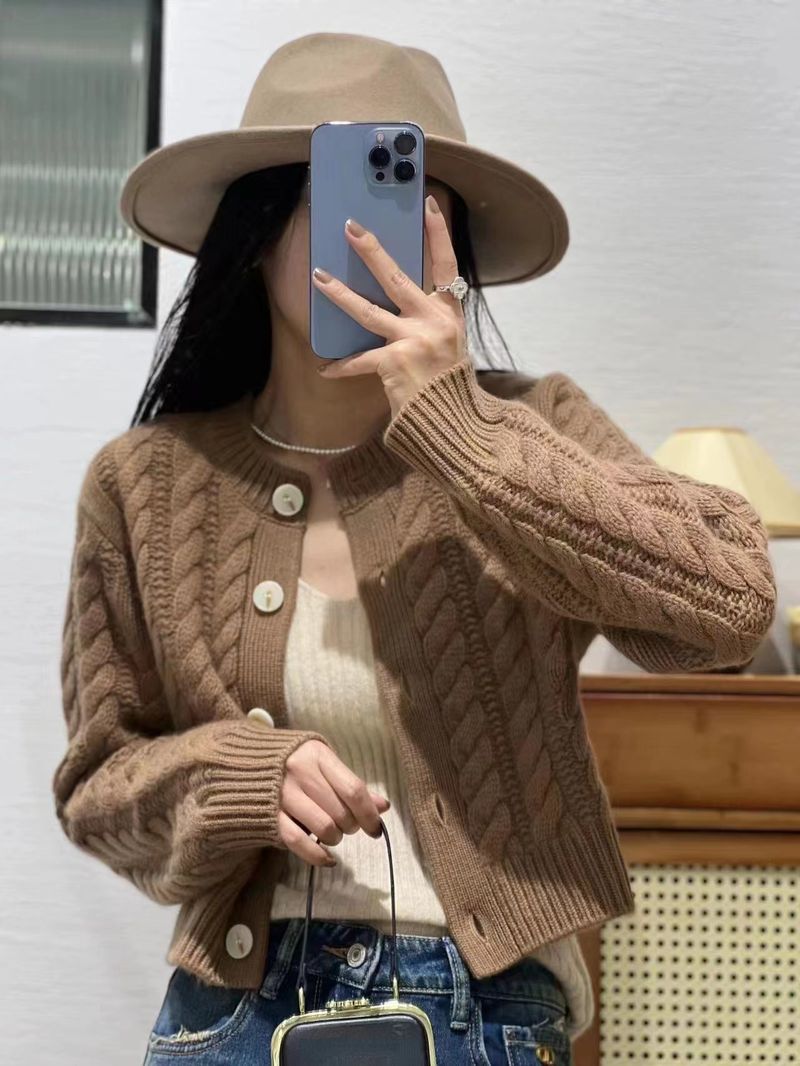 2025 New Autumn And Winter 100% Pure Wool Cardigan Women's Round Neck Twist Solid Color Sweater Short Cashmere Knitted_voghion.com