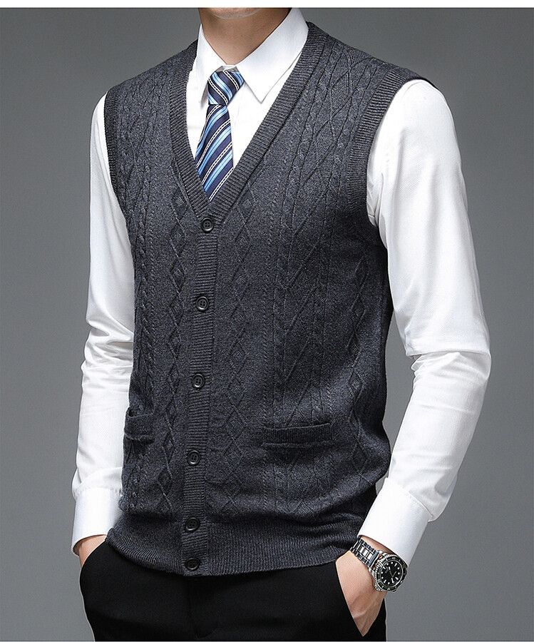 Ärmellose Strickjacke aus Wollmischung für Herren, schmale Passform, einreihiger Strickpullover für legere Business-Kleidung (Hellgrau, Weinrot, Marineblau, Dunkelgrau)_voghion.com