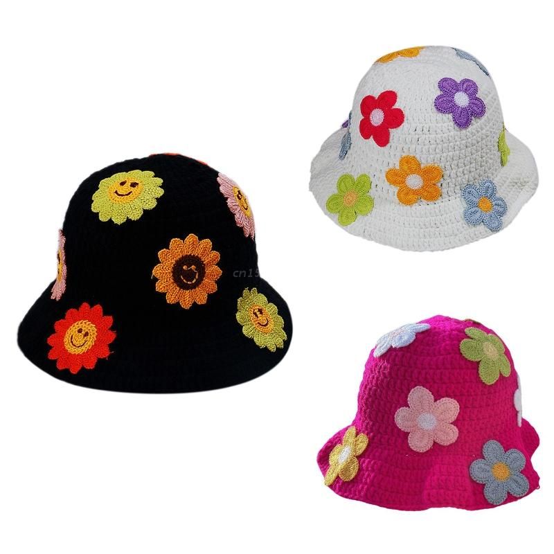 Cappello da pescatore traspirante con tesa larga, motivo floreale, da donna, alla moda, all'uncinetto, multicolore_voghion.com