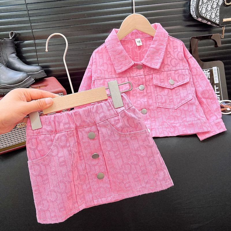Toddler Girls Clothing Autumn And Winter New Children's Clothing Fashion Pink Jacquard Denim Jacket And Skirt Set_voghion.com