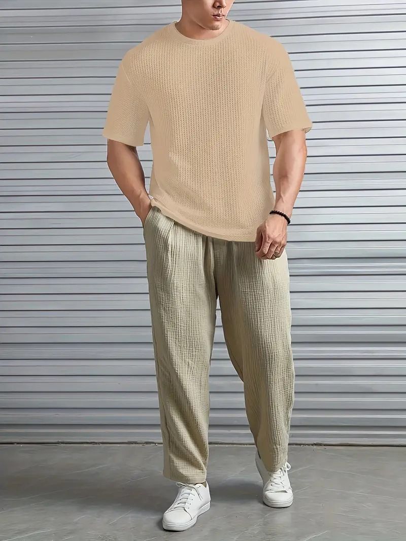 Maglietta da uomo a maniche corte in maglia a girocollo in jacquard tinta unita modello Xiyi Cross Border_voghion.com