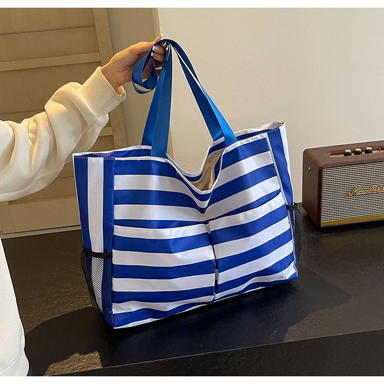 Beach 2024 summer shoulder artistic small fresh striped canvas tote bag large capacity handbag_voghion.com