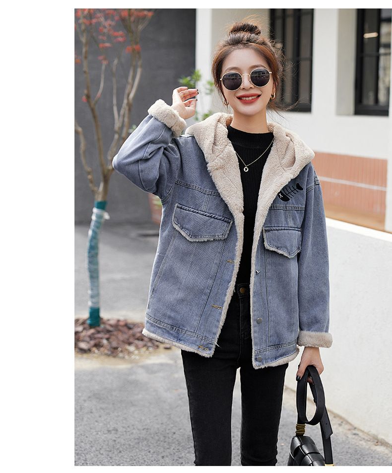 Giacca in denim con fodera in pile per donna - Cappotto corto oversize con colletto polo, caldo capo invernale per taglie piccole e alte_voghion.com