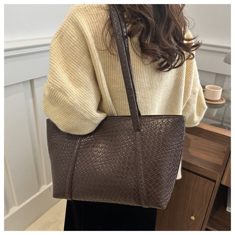 Women's Bags Version Simple Fashion Solid Color Retro Woven Pattern Large Capacity Casual Tote Underarm Shoulder Bag_voghion.com