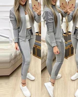 Damer långa sport Casual Zip Patchwork Rutig kostym_voghion.com