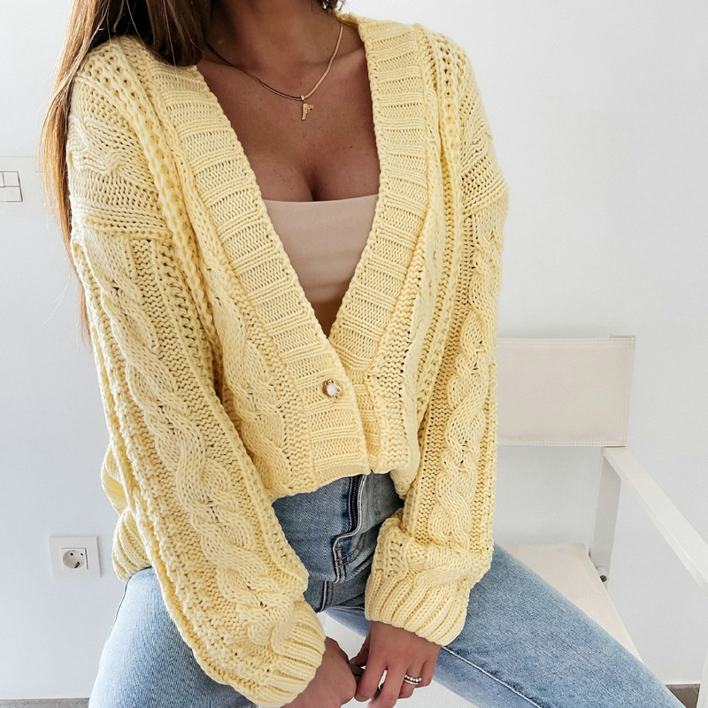 Cappotto maglione casual da donna Cardigan in maglia twist con scollo a V_voghion.com
