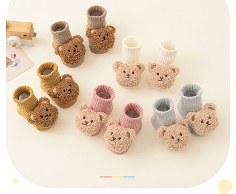 Meias de bebê fofas de urso de desenho animado para meninos e meninas, meias de inverno de algodão macio com sola antiderrapante para recém-nascidos, meias grossas e quentes para crianças_voghion.com