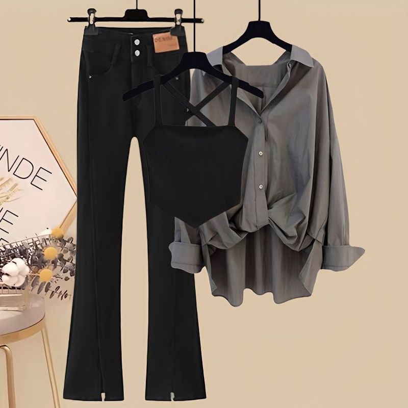 Women's Clothing Halter loose shirt slim jeans three-piece set_voghion.com