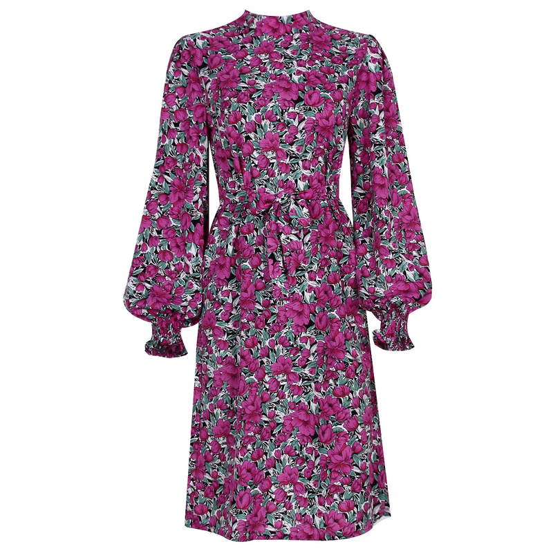 Abito in chiffon a maniche lunghe con colletto alto floreale autunno inverno 2022, moda donna_voghion.com