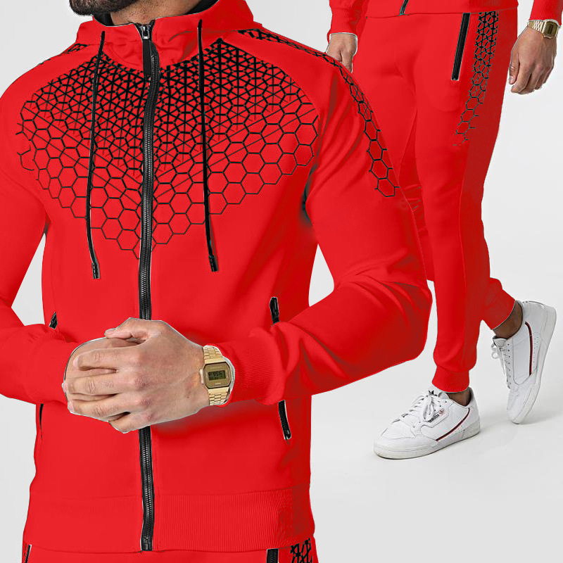 Hochwertiger modischer 3D-Sportanzug für Herren im Frühjahr und Herbst. Neuer langärmeliger Reißverschluss-Kapuzenpullover + Jogginghose, 2-teiliges Set_voghion.com