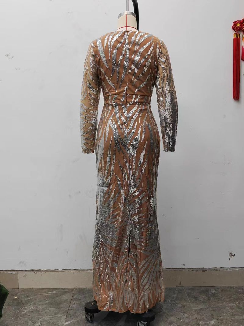 2025 Ny Damklänning Med Guldpläterade Långärmade, Bantande Och Sexig Fisksvansklänning Med Golvdragande_voghion.com