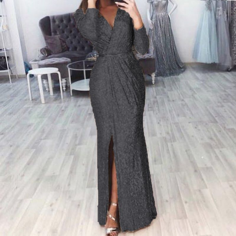 Saia longa feminina vestido de noite profundo decote em v vestido brilhante vestido sexy para jantar_voghion.com