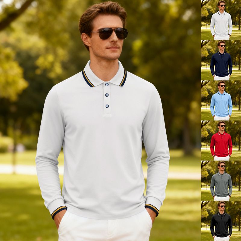 Men's Breathable Jacquard Polo Shirt - Loose Fit Long Sleeve Casual Top For Golf & Everyday Wear_voghion.com