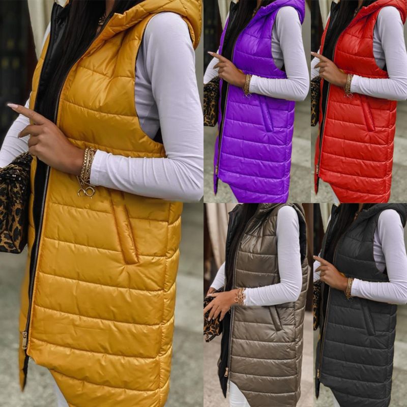 Cardigan de banlieue de couleur unie pour femmes, gilet à capuche, simple boutonnage, sans manchette, poche, manteau long_voghion.com