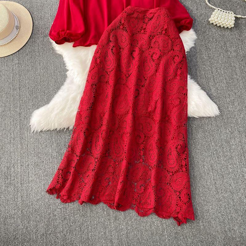Camicia da donna con fiocco, scollo rotondo, maniche a lanterna, top, tuta, gonna a vita alta in pizzo sottile e patchwork_voghion.com
