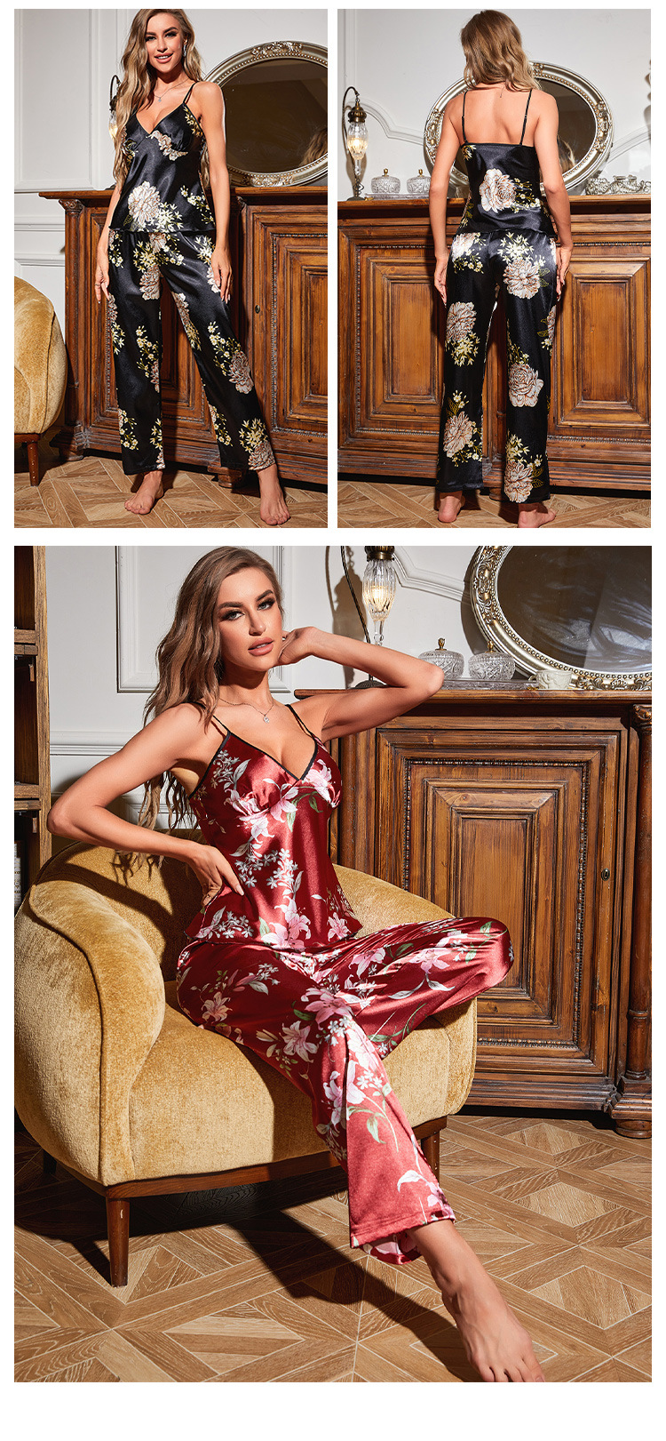 Heimkleidung aus Eisseide für Damen, dünner, atmungsaktiver Leibchen-Hosenanzug, kleiner, frisch gestreifter Pyjama für Damen_voghion.com