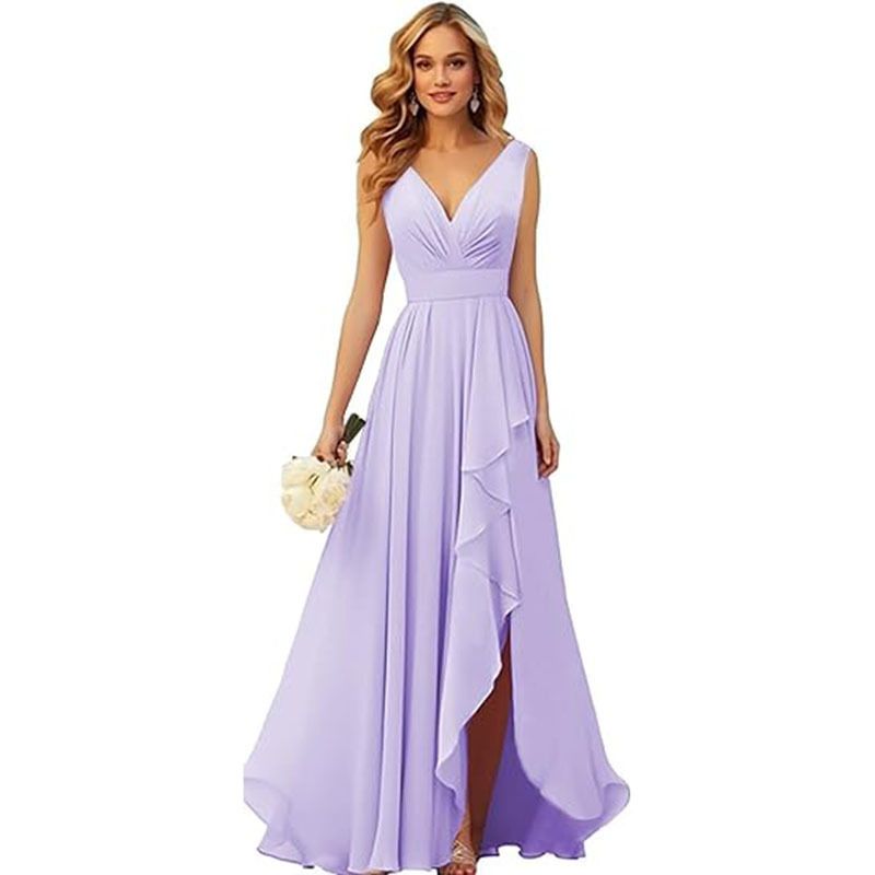 Abito da sera in tessuto di chiffon, nuovo abito lungo da ballo con scollo a V e spacchi plissettati_voghion.com
