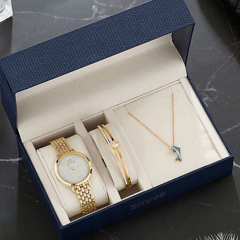 Damen-Quarzuhr, modische Stahl-Armbanduhr, Edelstahl-Diamant-Armband, Kombinationsuhren-Set_voghion.com