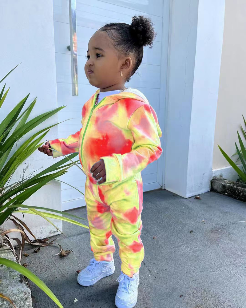 M8069 children's clothing 2024 casual sports new cardigan long sleeved tie dyed hoodie set_voghion.com