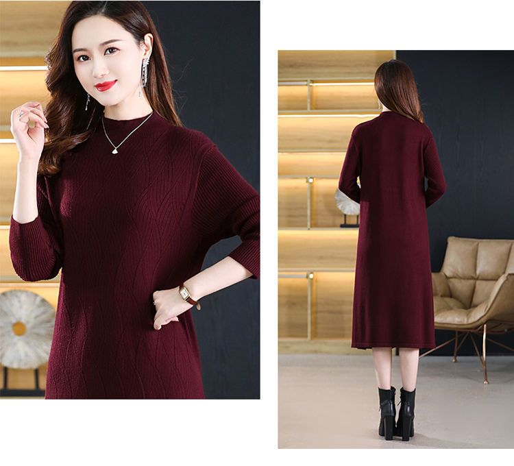 Herbst-Wintermantelpullover für Damen, halber Rollkragen, lockere lange Ärmel, mittellange Basisschicht, Overknee-Strick_voghion.com
