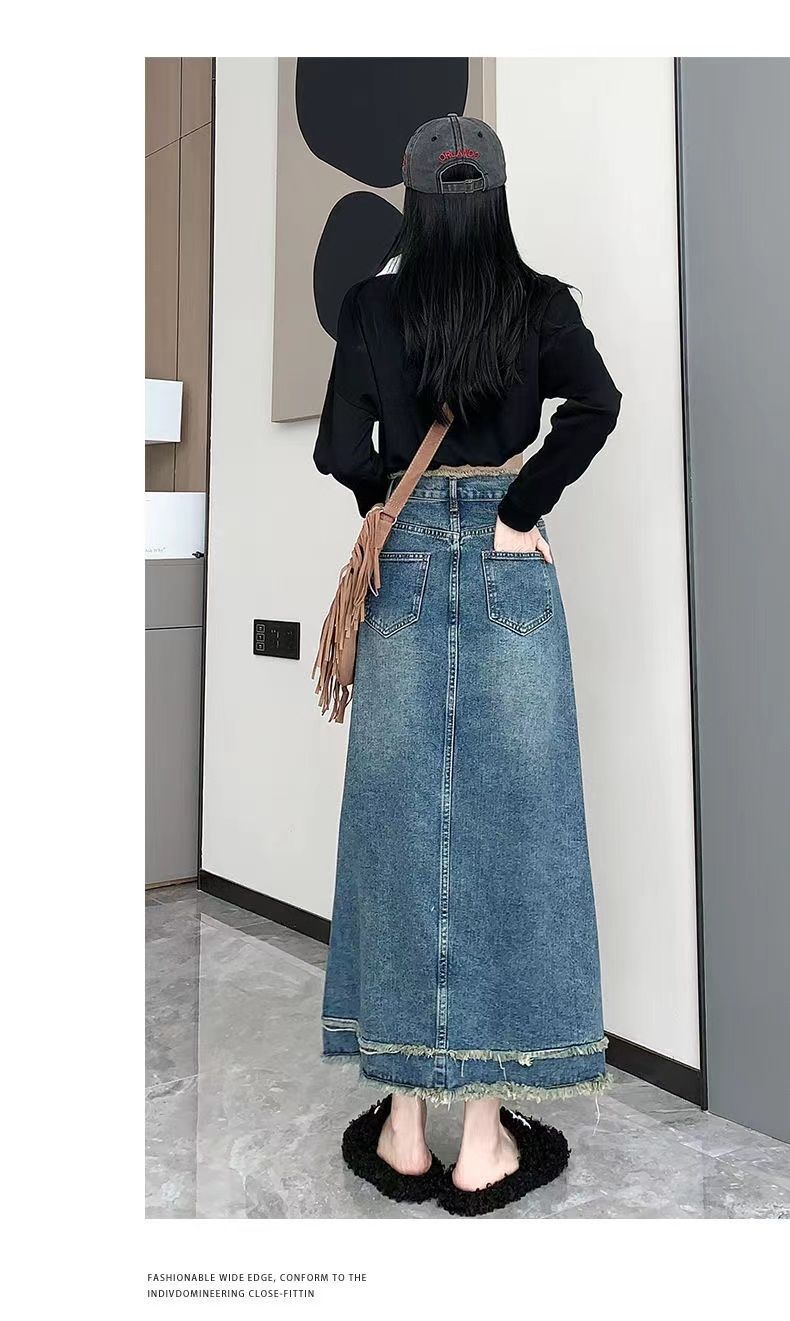 Lente en zomer Raw Edge Slimming Veelzijdige Denim Mid-Length Dames Hoge Taille Drape A-lijn Denim Rok_voghion.com