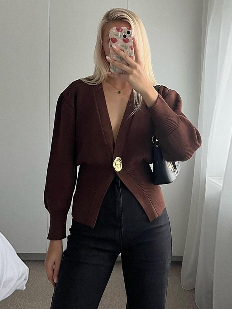 Roupas femininas Suéter feminino Temperamento Elegante Cor sólida Manga comprida Botão Cardigan de malha_voghion.com