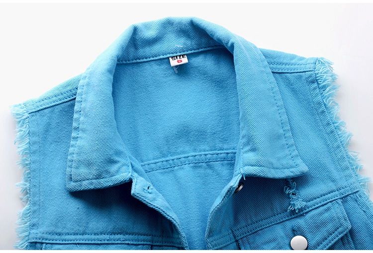 Ropa de mujer Chaleco vaquero multicolor Chaqueta corta ajustada sin mangas para mujer Cárdigan superior roto_voghion.com
