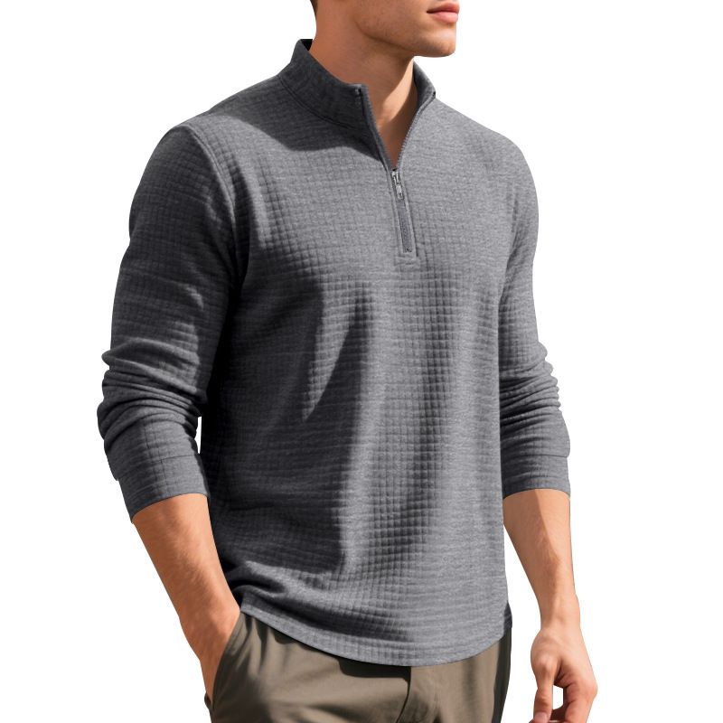 Men's Casual Pullover Sweatshirt With Jacquard Design, Stand Collar & Half-Zip, Loose Fit, Autumn/Winter Essential_voghion.com