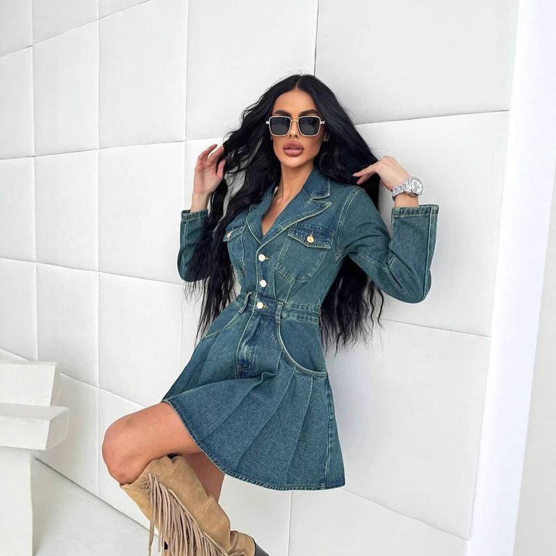 Sommer-Jeanskleid mit französischem Anzugkragen für Damen, hoch tailliertes Nischen-Knopfdesign, schlankmachender kurzer A-Linien-Rock_voghion.com