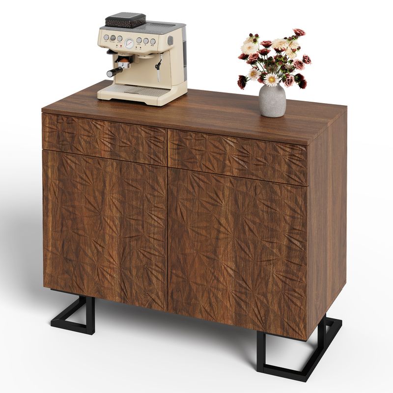Credenza Kommode 80x78cm Walnussoptik Mit Blattrelief, 2 Schubladen & 2 Türen, Metallbeine_voghion.com