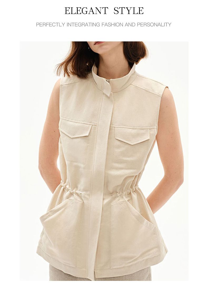 Gilet de chasse sans manches en soie et lin pour femme, col montant, style printemps-automne, coupe slim_voghion.com