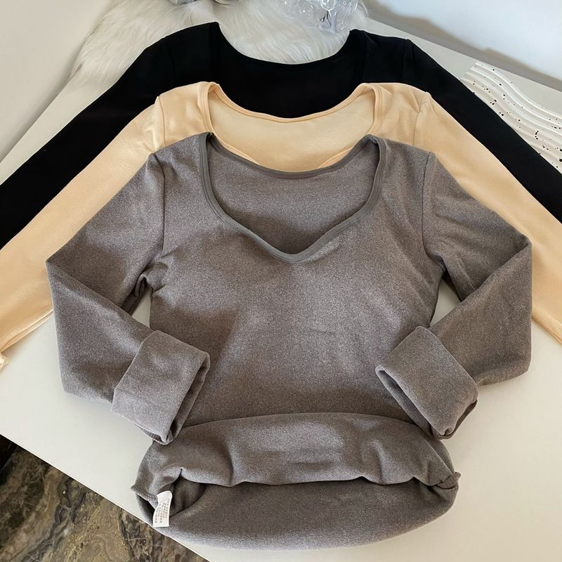 Maglia termica in pile caldo con petto imbottito, scollo a V, vestibilità attillata, manica lunga, strato di base per donna, autunno inverno_voghion.com