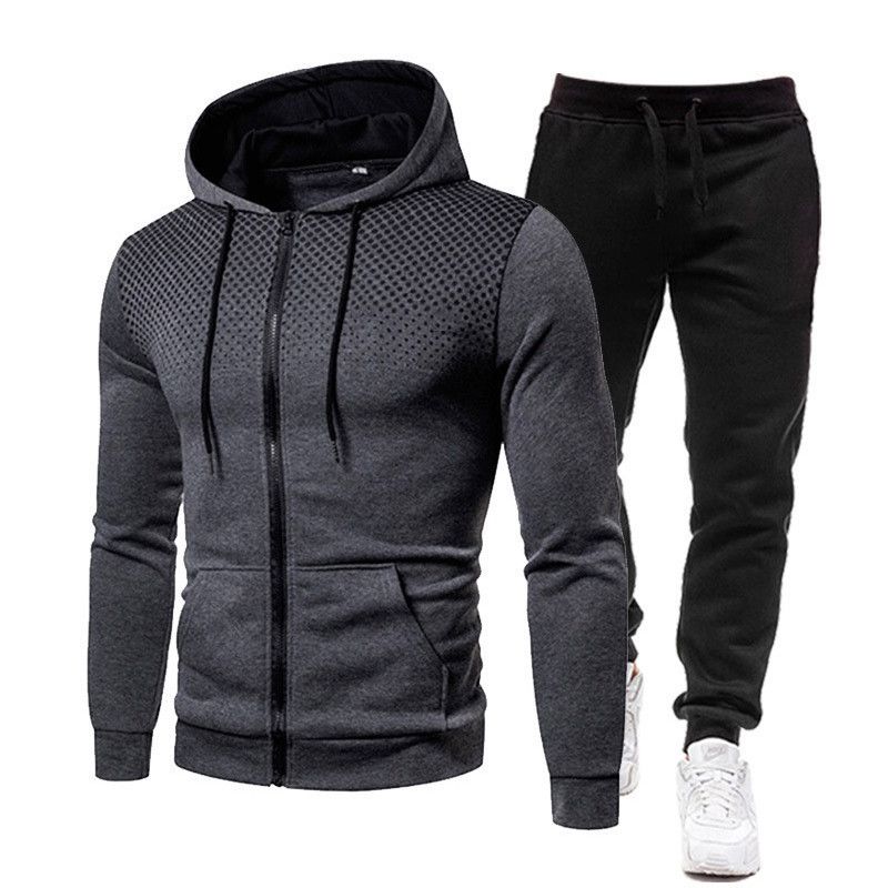 Autumn Winter Fleece Polka Unisex Sports Hoodie Dot Men Solid Color Zipper Sweatshirt Sweatpants Set_voghion.com