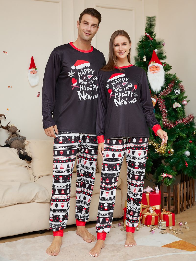 Natal novo chapéu dos desenhos animados carta em torno do pescoço manga longa pai-filho roupas de casa de natal_voghion.com