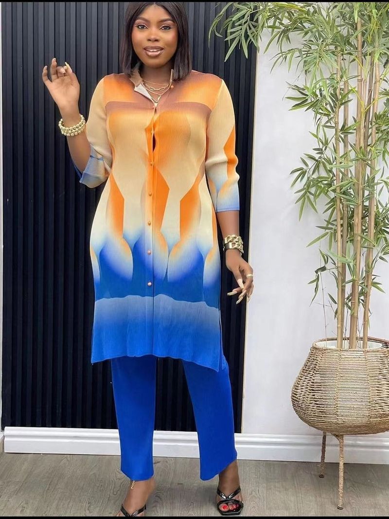 Nuovo stile da donna, top a maniche lunghe stampati e pantaloni plissettati in due pezzi per donna_voghion.com
