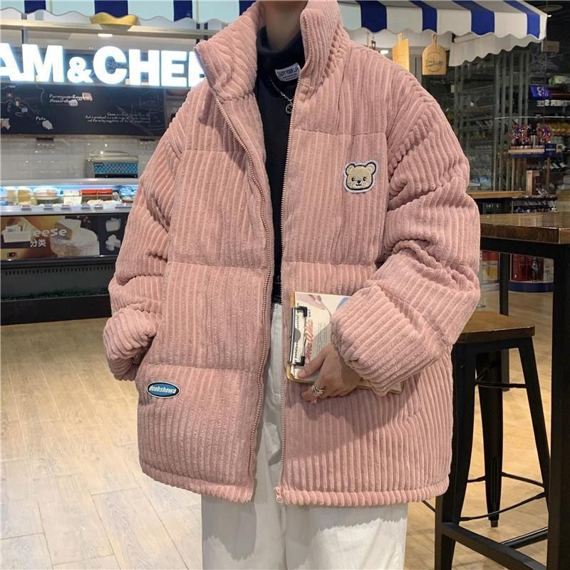 Corduroy cott men's new embroidered bear winter jacket with cotton thickening trend label, handsome couple_voghion.com